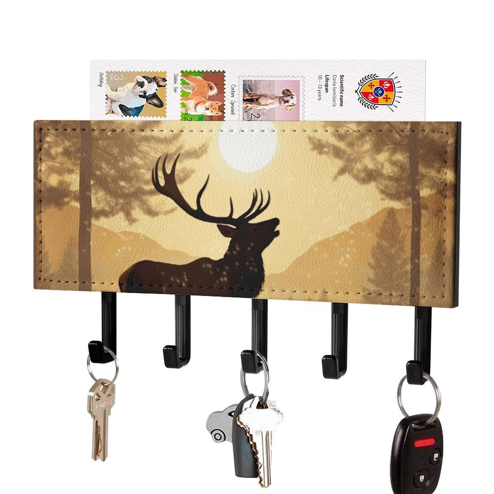 DWVTSLH Elk Artwork Key Holder for Wall, Decorative Key Hooks with Mail Organizer & 5 Hooks, Self Adhesive Leather Key Hanger for Entryway, Wall Mounted Key Rack (7.1” X 4.3” X 0.9”)
