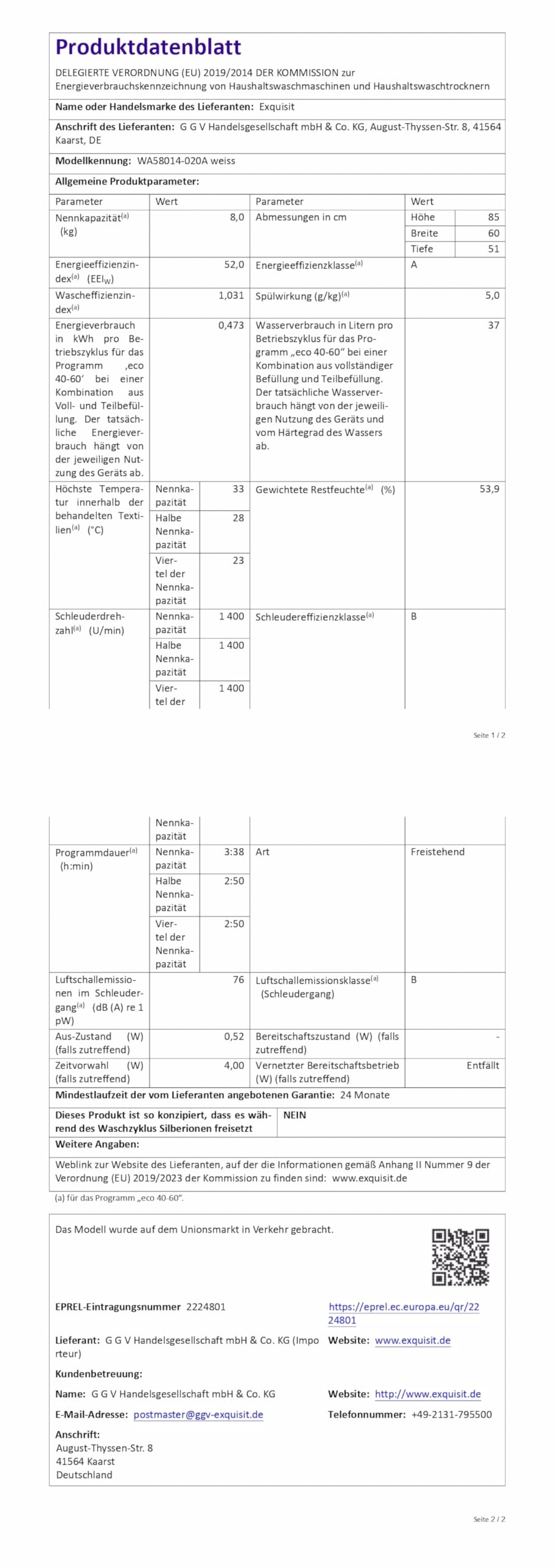 Exquisit Waschmaschine 8 kg, Energieklasse A, 1400 U/Min, 13 Programme | Frontlader mit Startzeitvorwahl, Kindersicherung, Invertermotor – ideal für Familien ab 4 Personen