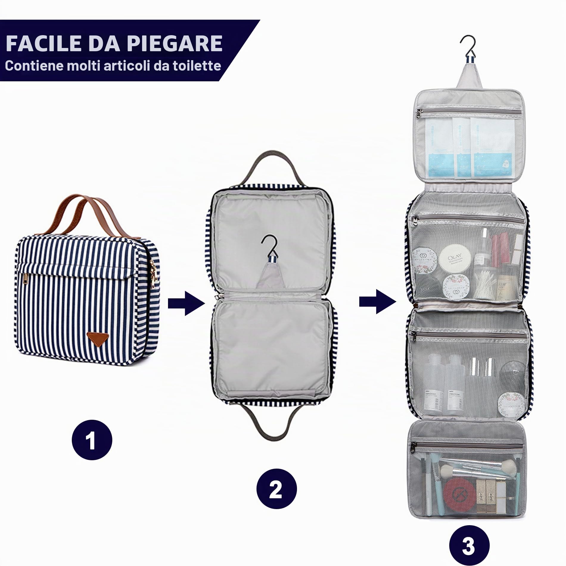 Beauty case da viaggio appendibile, ampio organizer per cosmetici e articoli da toeletta con gancio