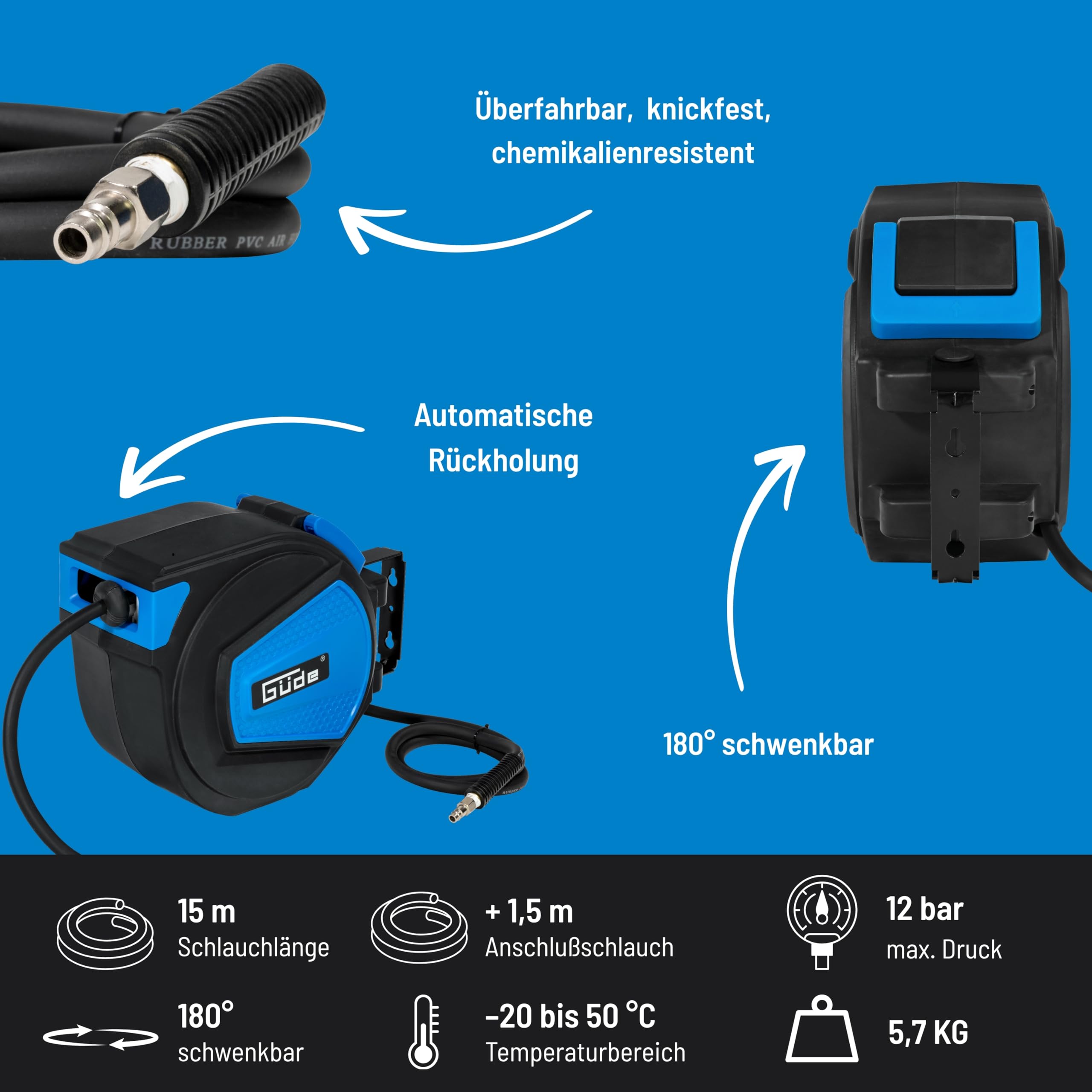 Güde Automatikschlauchtrommel 15 m (12 bar, 180° schwenkbar, Druckluftschlauch Ø 16/9 mm hochflexibel, abriebfest, überfahrbar, chemikalien- und temperaturbeständig, Automatikeinzug, Wandhalterung)