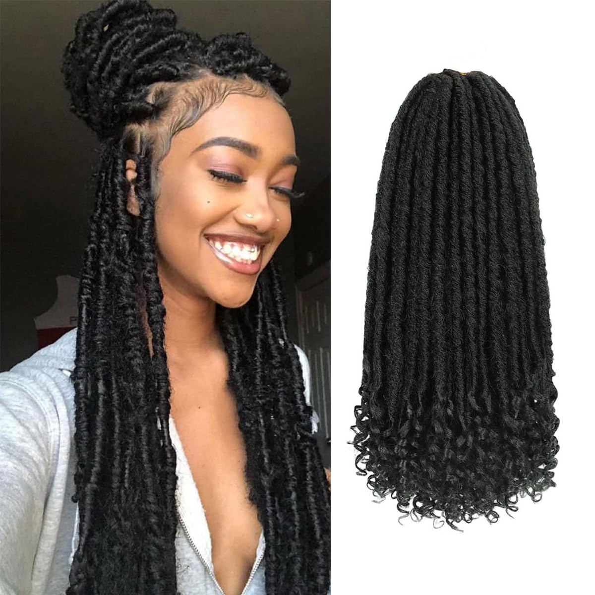 MODERN QUEEN 6Packs Goddess Faux Locs Crochet Hair 16 Inch Straight Goddess Locs with Curly Ends Synthetic Crochet Hair Braids for Black Women(1B#)