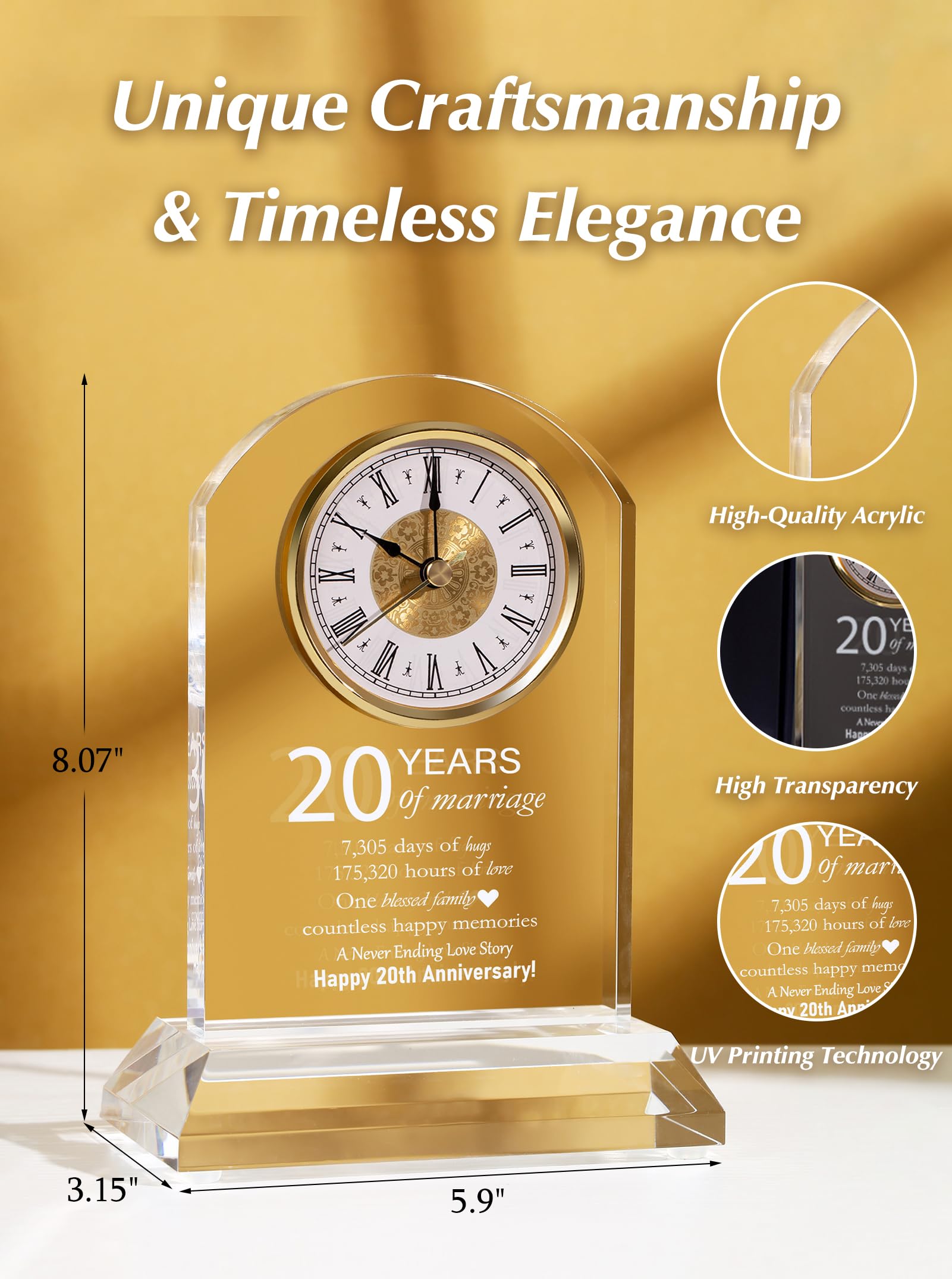 DEEWISH 20th Wedding Anniversary Clock, Best Gifts Ideas for Couple Parents Wife Husband Diamond 20 Years of Marriage for Him Her - Image 4