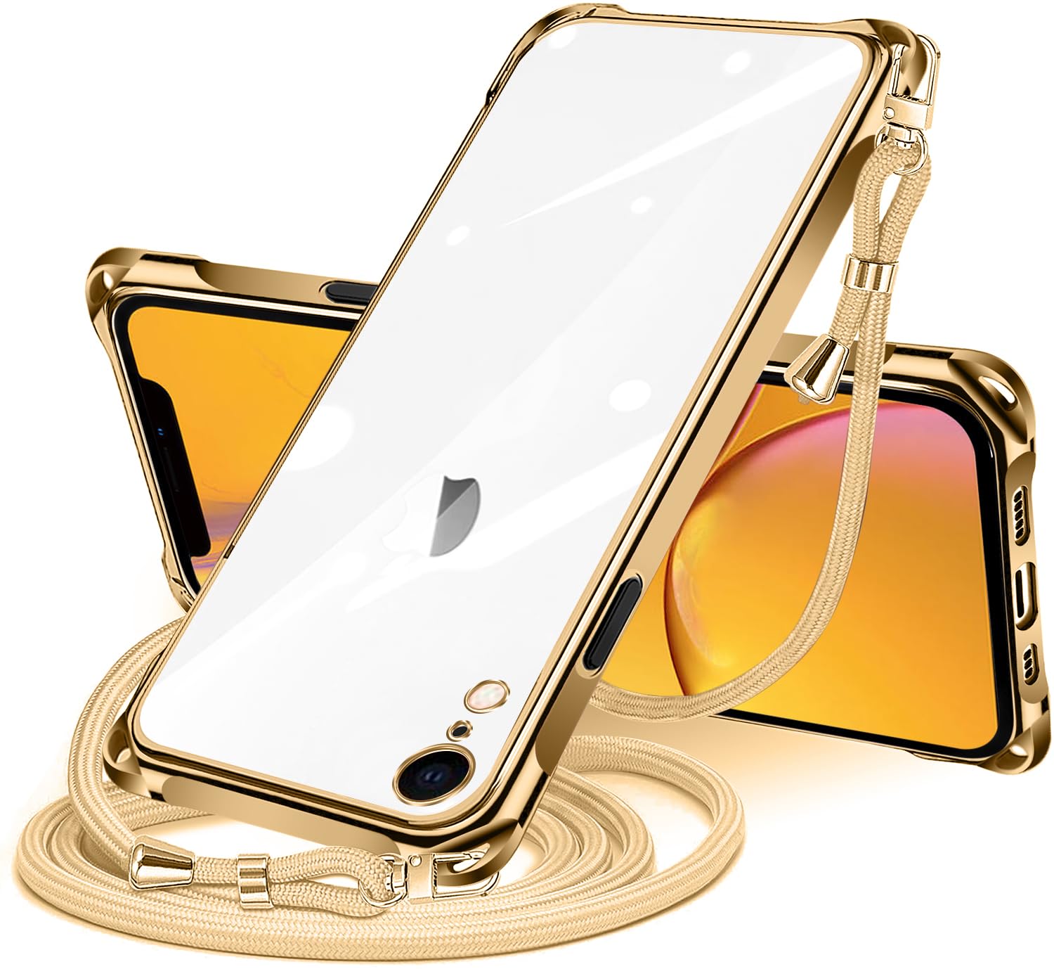 NISIILNG iPhone XR 用 ケース クリア ショルダー iphone xr スマホケース アイフォンXR カバー 肩掛け 斜めかけ 縄掛けケース 透明 TPU 薄型 軽量 耐衝撃 紐付き 斜めがけ 織りストラップ付き ネックストラップ ショルダー 縦/横 2WAY 長さ調整可能 取り外し可能 落下防止 紛失防止 (ゴールド)