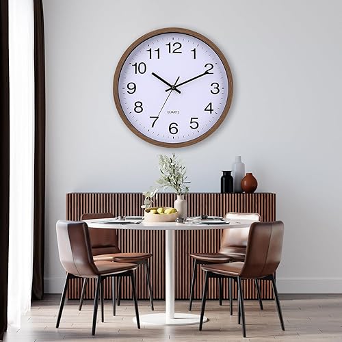 Miniatura 5 de Reloj de pared con marco de madera de 12 pulgadas, cubierta de vidrio, número sin tictac, cuarzo, diseño moderno de cuarzo, decorativo, dormitorio,