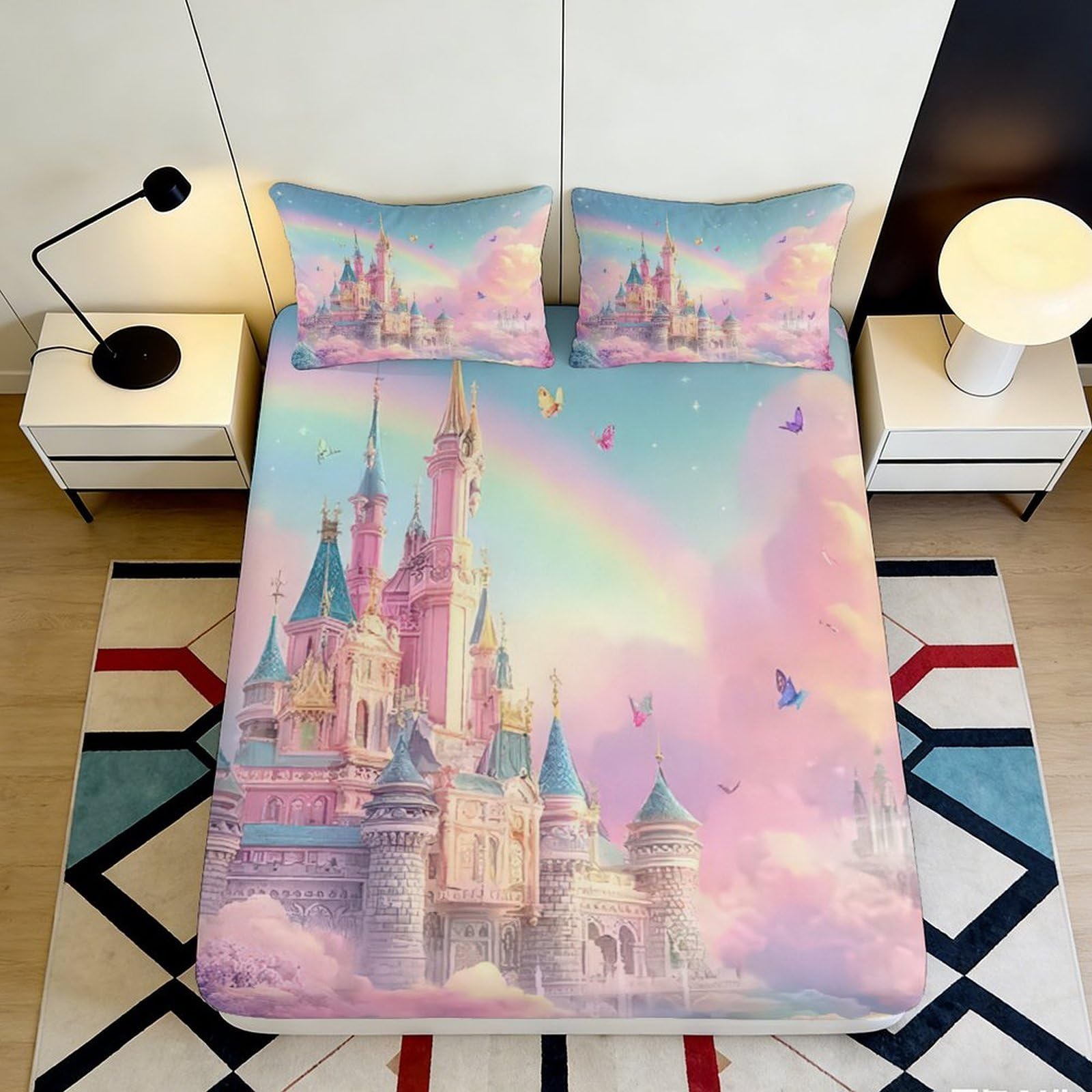 3D Printed Castle Rainbow Fitted Sheet Microfiber Soft Durable Pastel Bed Cover for Bedroom Dormitory Guest Room Protection Decorative Use 180x200x25cm