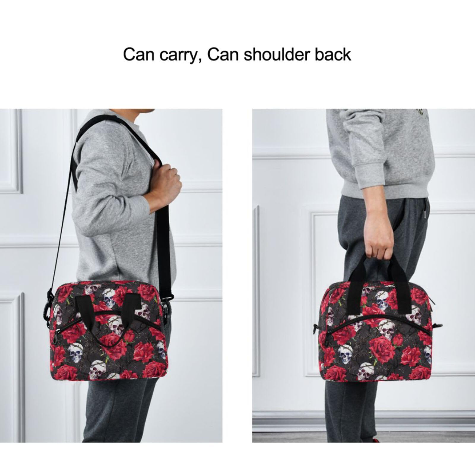 MNSRUU Sac à déjeuner isotherme réutilisable avec bandoulière réglable Motif crânes et roses