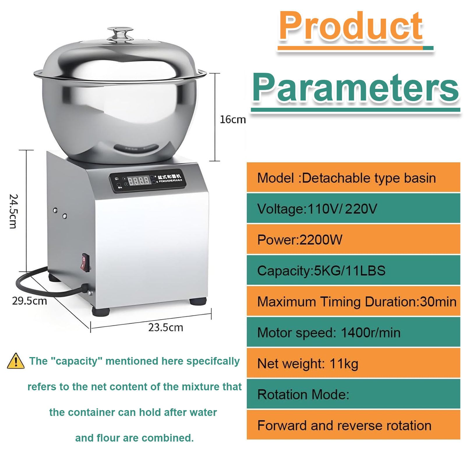 Impastatrice a spirale commerciale da 2200 W, impastatrice a spirale elettrica con doppia rotazione, macchina per impastare resistente per panetteria, ristorante, pizzeria, uso domestico 5kg/11lbs