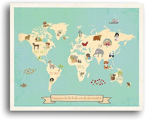 Global Compasión Mapa del Mundo, arte de la pared Mapa, Mapa del Mundo Animal De La Kid, guardería infantil decoración, la naturaleza Themed