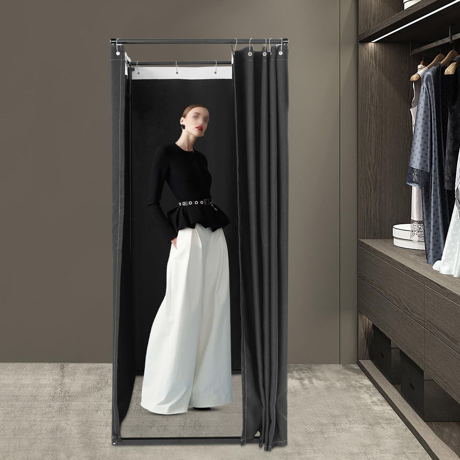 Magasin de vêtements Cabine d'essayage mobile carrée, lavable en machine, cabine d'essayage temporaire, cloison mobile, 85 x 85 x 200 cm, noir