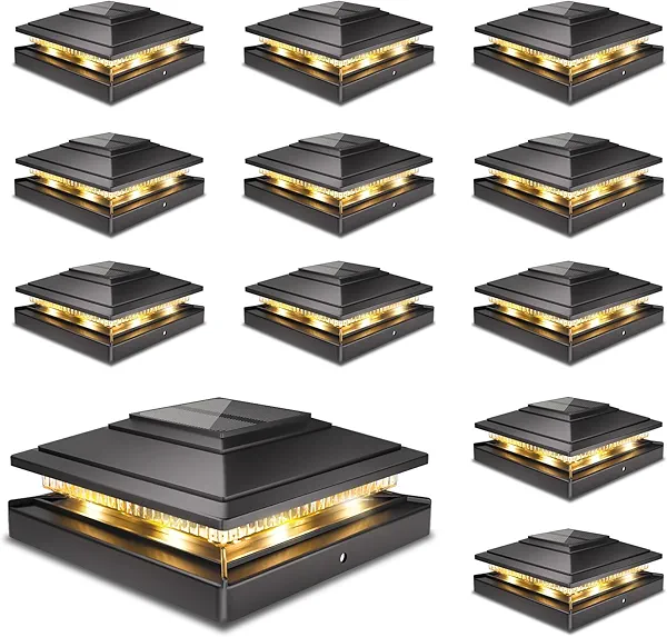 Solar Post Cap Lights Outdoor 12pack, Waterproof Fence Post Lights for 4x4 5x5 6x6 Wood/Vinyl Posts, Black Solar Deck Post Lights with 2 Color Modes Decorate Garden Patio Porch Backyard