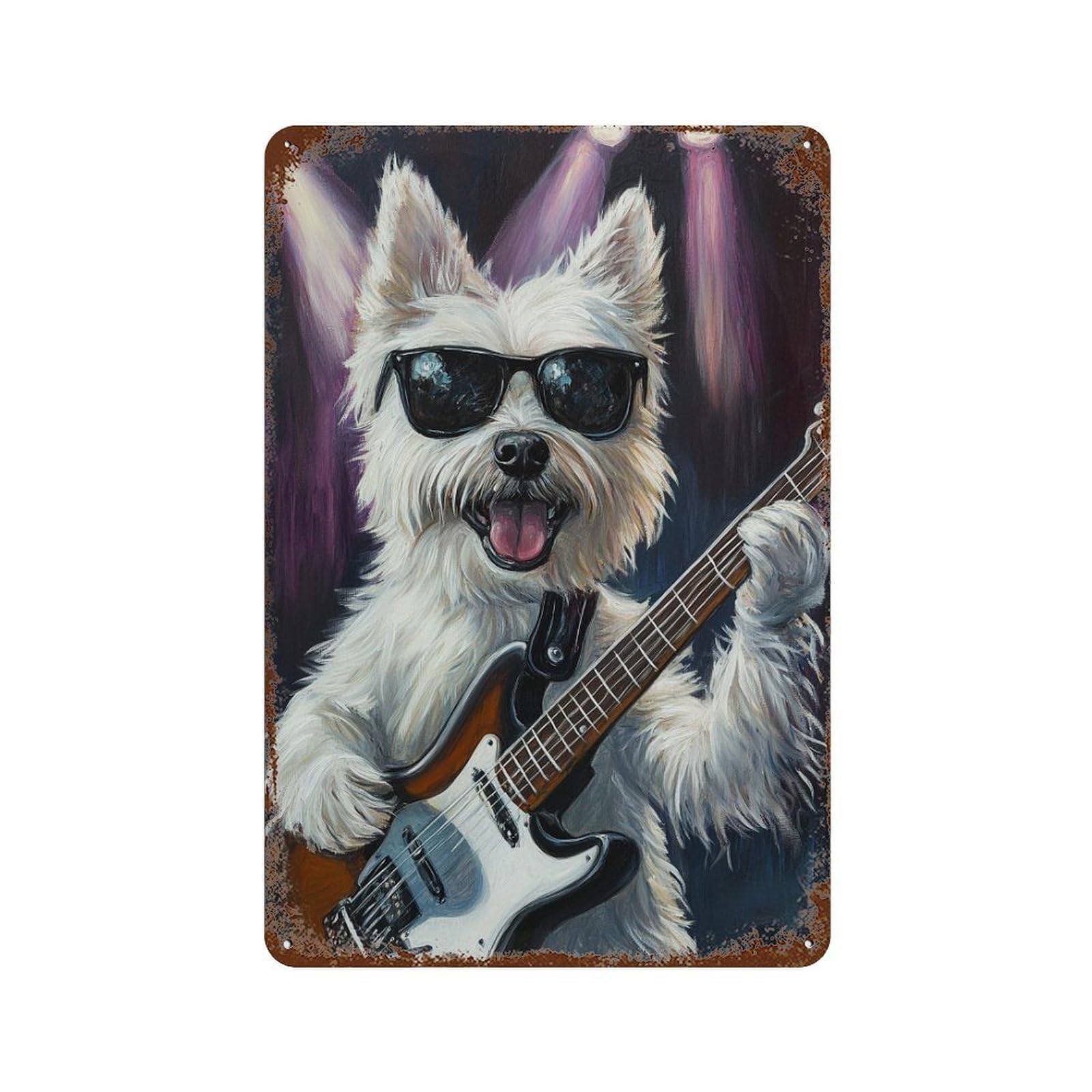 Rock Star Pup with Guitar -13 Rust Effect Tin Sign 11.8"x7.9", Vintage Wall Decor for Bistro, Counter And Cafe Decor