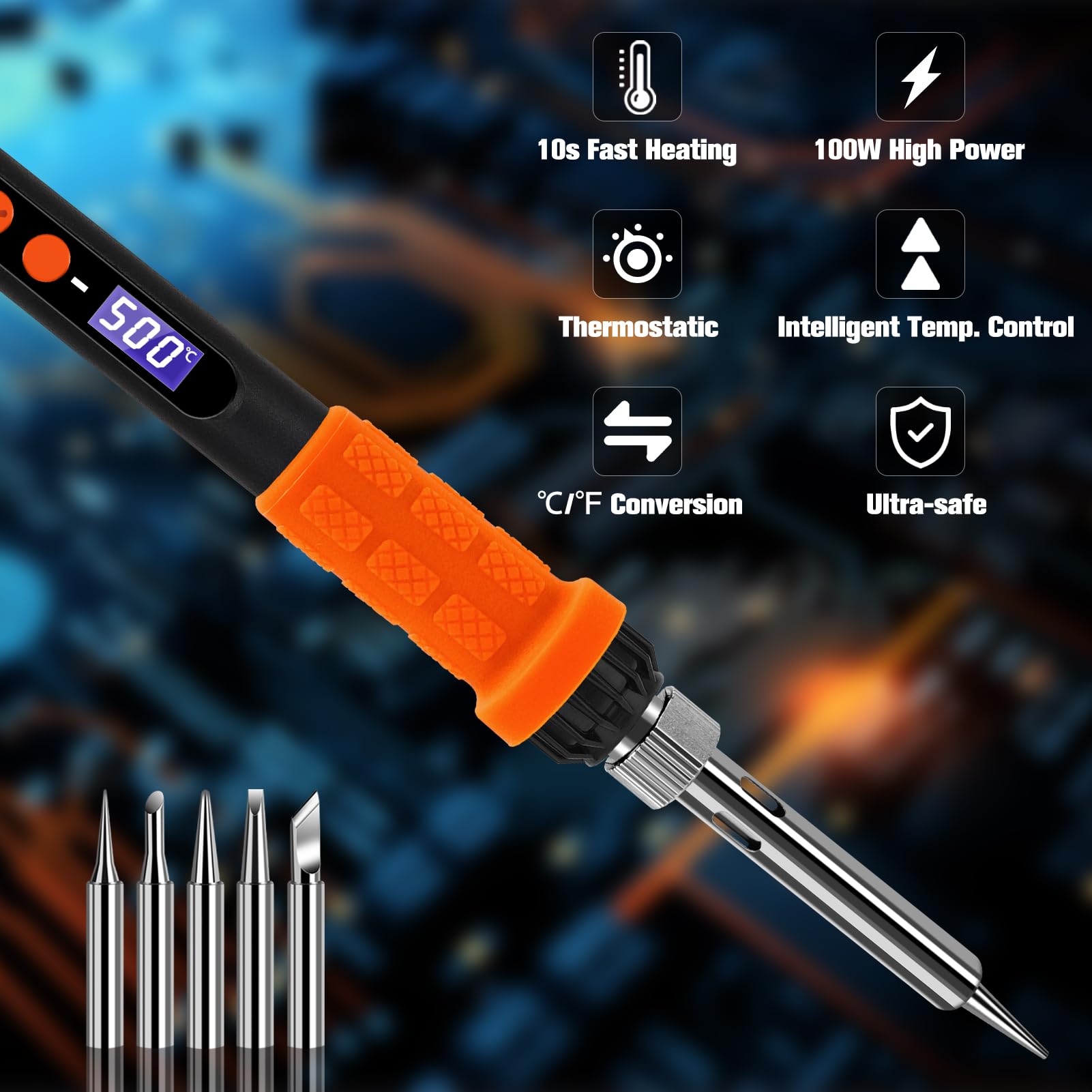 WORKEASE Kit Saldatore Digitale LED 100W - Riscaldamento Rapido 10 Sec, Temperatura Regolabile Fino A 500°C, 5 Punte, Per Elettronica E Fai Da Te - 3