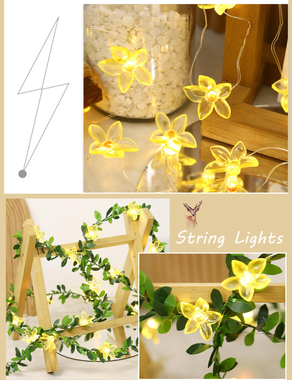 Catena Luminosa Con Decor Floreale|Luci Natalizie Creative In Filo Di Rame A Forma Di Petalo|Luce Ambientale LED Per Design Di Piante Floreali,Fiori Gialli Con Foglie,10m(32.8 piedi)-100LED-Solar