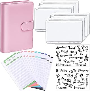 Mufern Caderno de couro PU para caderno planejador de orçamento capa para fichário com bolso para fichário bolso para orçamento pessoal sistema de envelopes com 6 furos pasta com zíper (capa rosa com folha