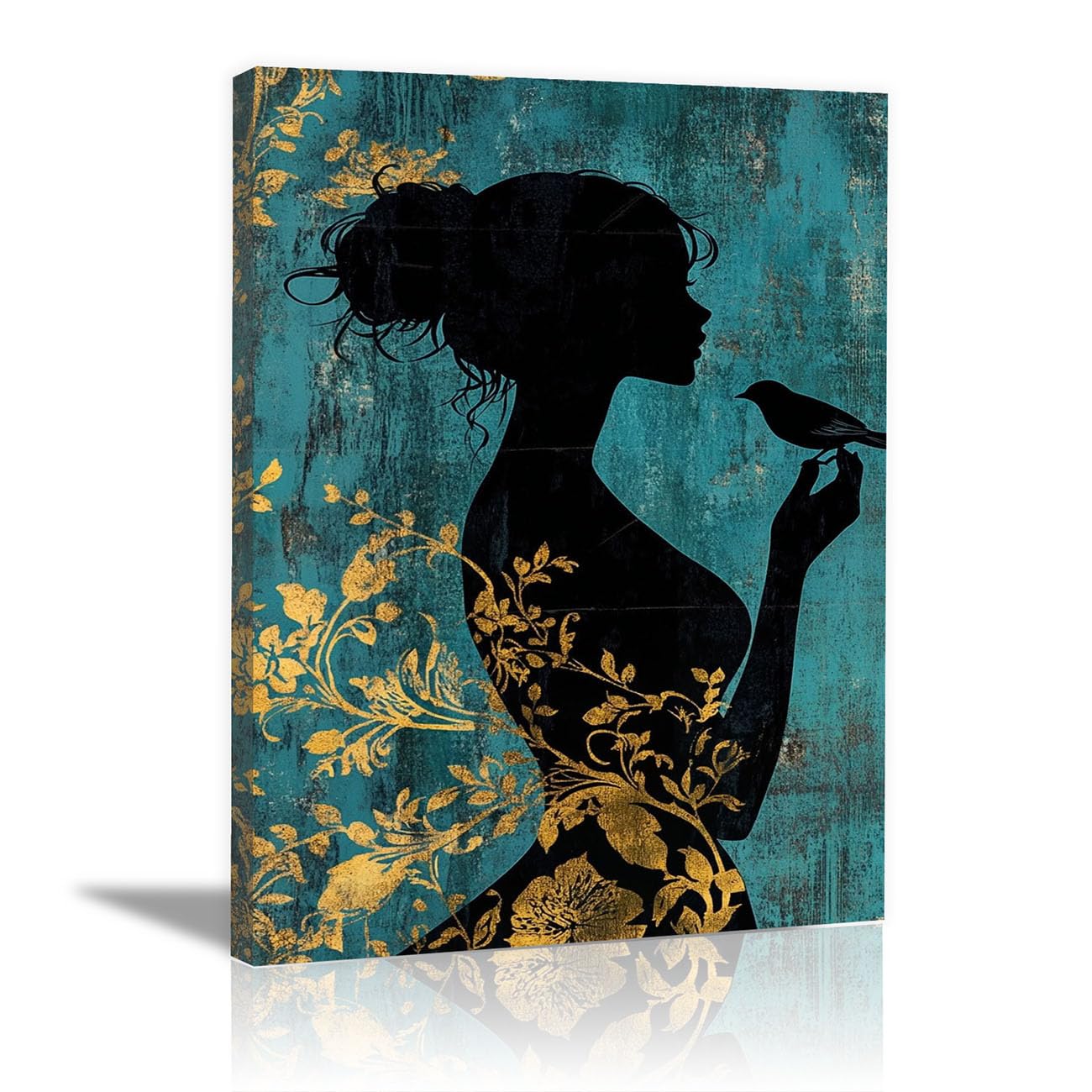 QUSAAOU African Americans Wall Art Side Lady Floral Silhouette Perched Bird Vintage Tribal Girl Images Elegant Paintings Of Black Women Suitable For Home Wall Decoration(teal)-40x60cm1 Framed