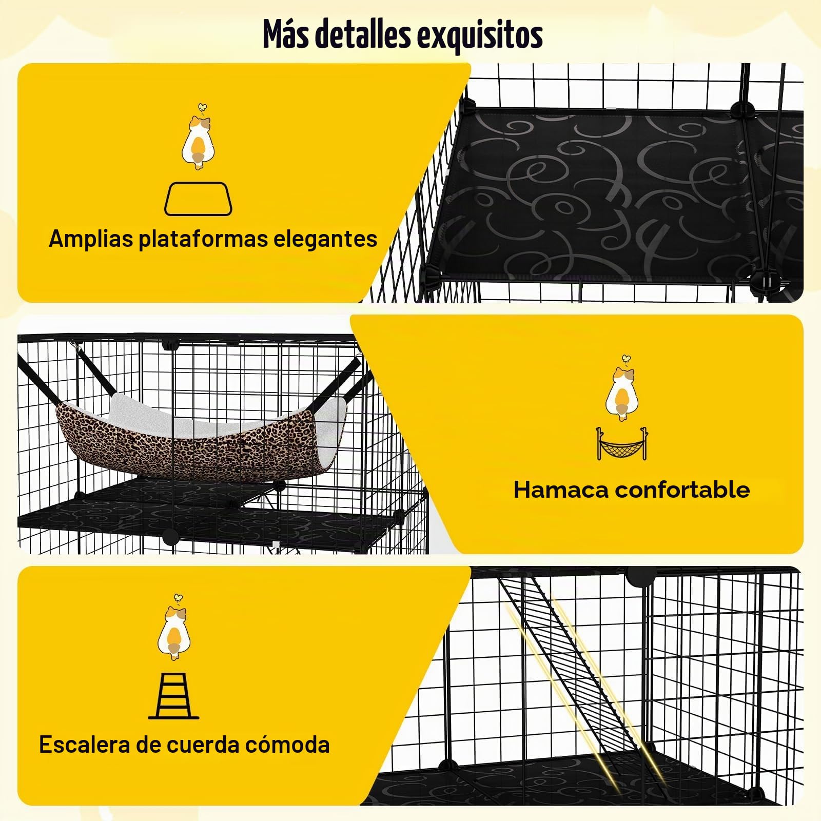 FANTASK Jaula de Alambre de Metal de 3 Pisos para Gatos, 74 x 74 cm, con Hamaca, Escaleras y Puertas