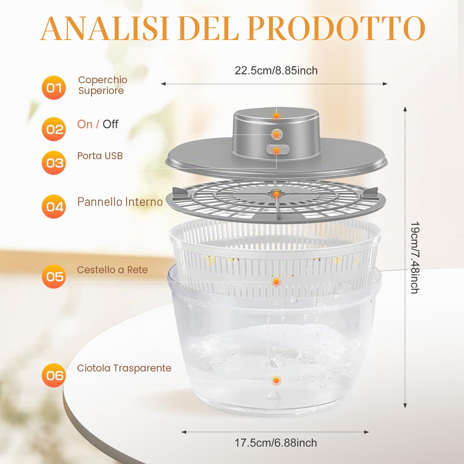 Centrifuga per Insalata Elettrica Automatica, Grande Capacità 4L, Cestello in Acciaio Inox, Corpo in Plastica ABS Alimentare, Facile da Usare, Asciuga Verdure e Frutta (Grigio)
