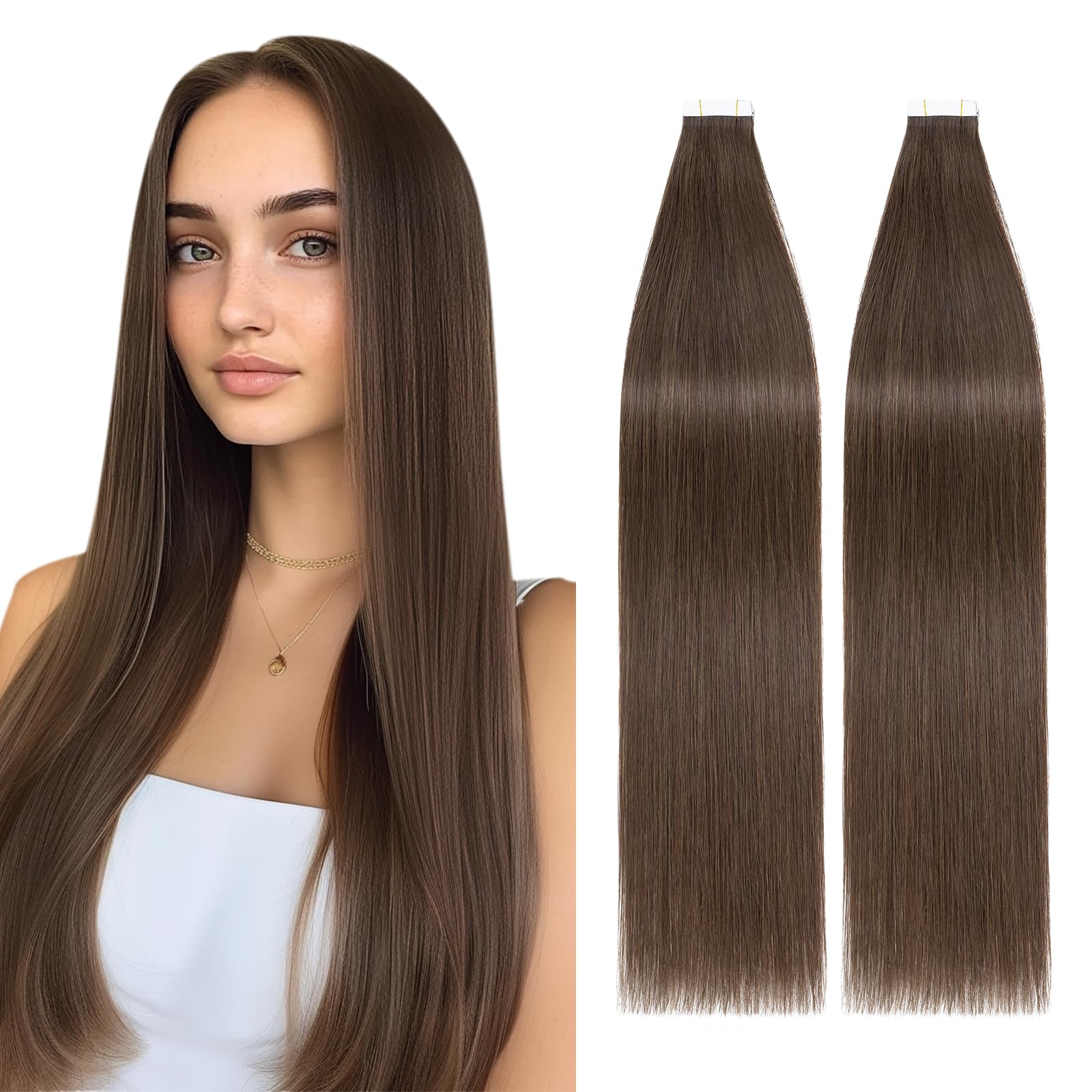 Tape in Hair Extensions Human Hair Black 12inch Real Remy Hair 40 Pcs Skin Weft Seamless Straight(#02 Dark Brown)