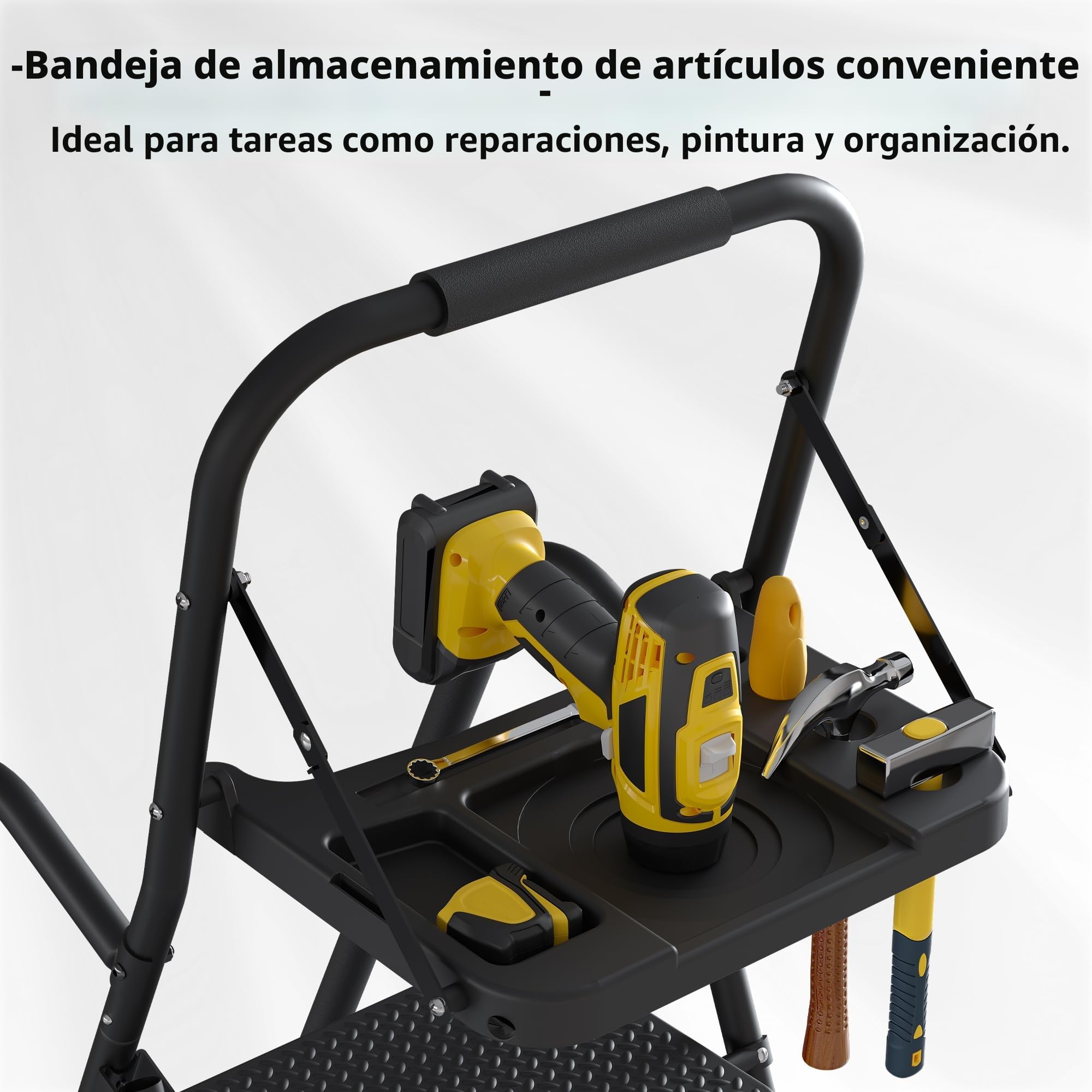 BONTEC Escalera Plegable de 5 Escalones con Bolsa y Bandeja, Pedales Anchos Antideslizantes, hasta 150 kg, con Pasamanos para Cocina, Despensa, Armarios y Garaje, Negra