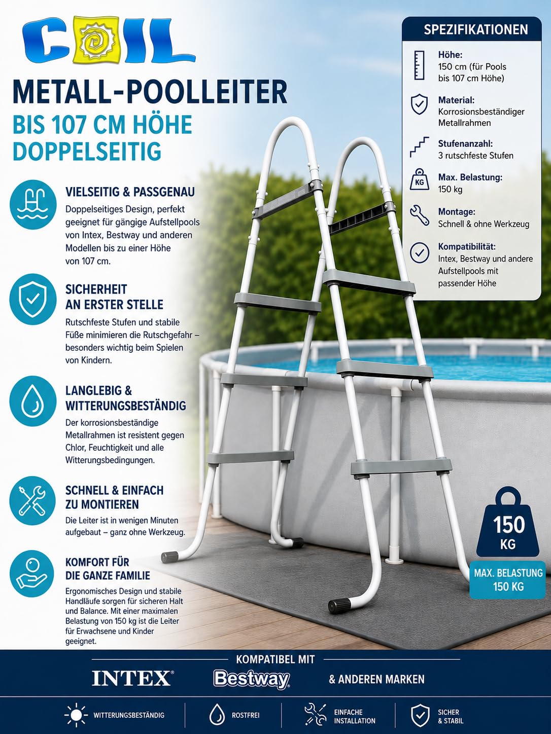 Échelle de piscine stable en métal jusqu'à 107 cm, escalier de sécurité avec larges marches