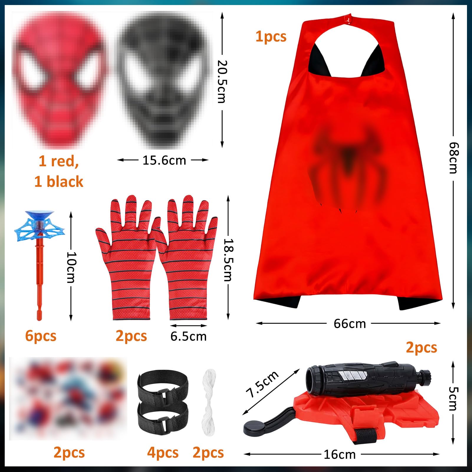 Spid-erm Guanti per Bambino, Spara Ragnatele Spid-er, Launcher Glove, Giochi Spid-er con Spid-erm Maschera e Spid-erm Mantello, Guanto Spid-er Spara Ragnatele, Cosplay Giocattoli da Polso Set