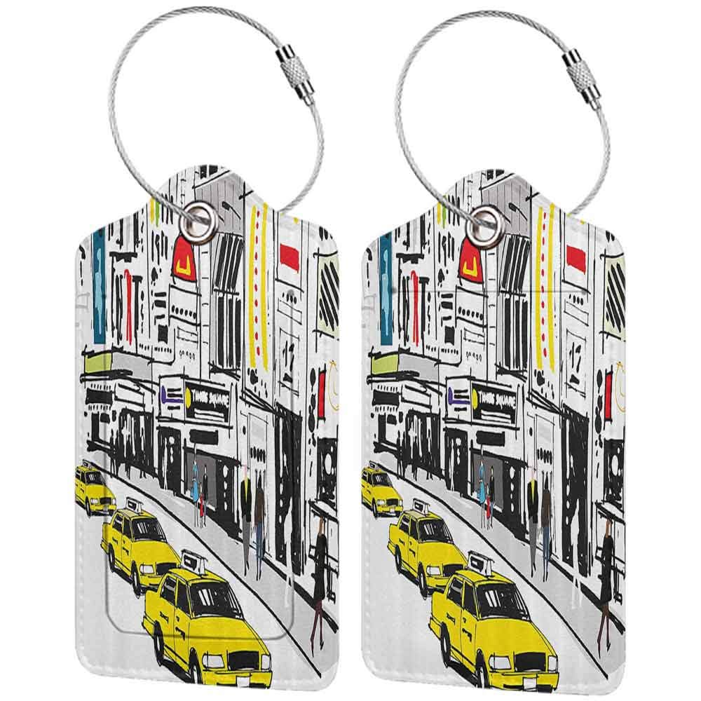Multicolor luggage tag Modern Times Square New York with People in Street Taxi Cabs Traffic Fashion Illustration Hanging on the suitcase Multicolor W2.7" x L4.6"