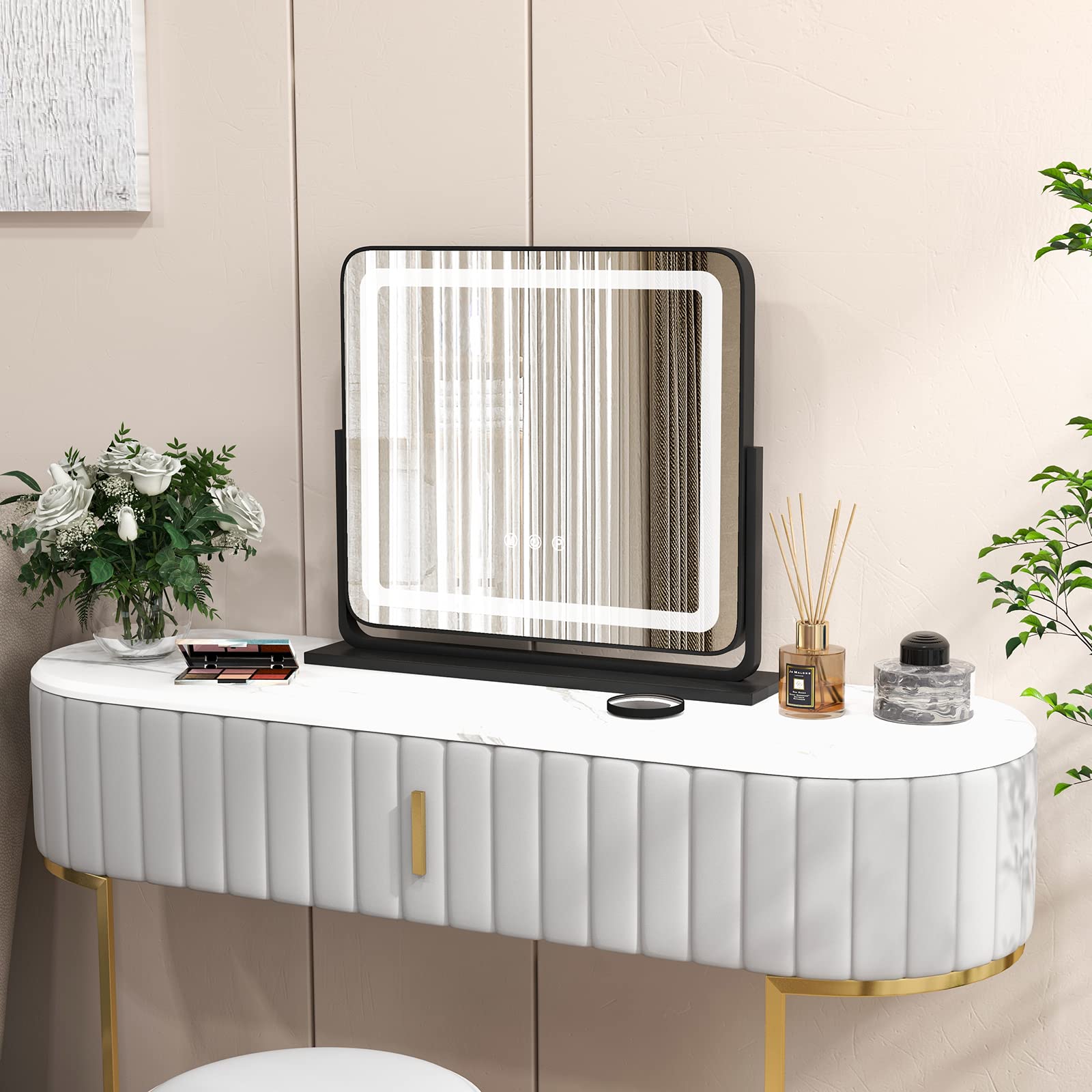 COSTWAY Specchio per Trucco, Specchio da Tavolo con luci LED a 3 Colori, Luminosità Regolabile e Controllo Intelligente a Sfioramento, Ruotabile a 360° con Ingrandimento 5X, 50x44 cm