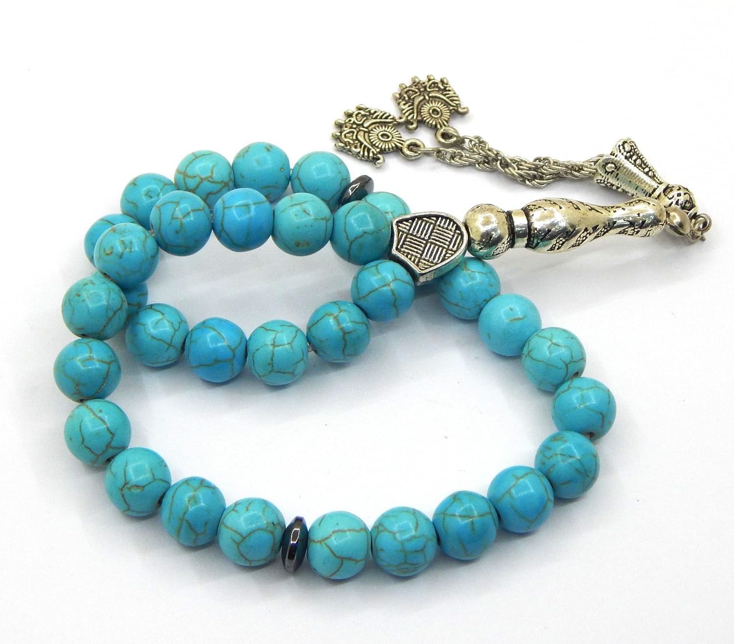 Łańcuszek modlitewny Tesbih Tasbih Tespih Misbaha Subha 33, 10 mm muzułmański różaniec islamski z turkusem kamieniem szlachetnym czarne perły biżuteria, bransoletki, akcesoria kultowe