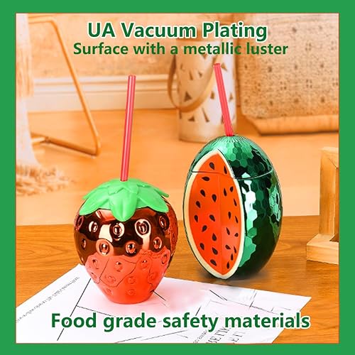 Miniatura 2 de 2 tazas de bola de disco de sandía y fresa con popote rojo, para fiesta, extraíbles y reutilizables, en la playa y la piscina.