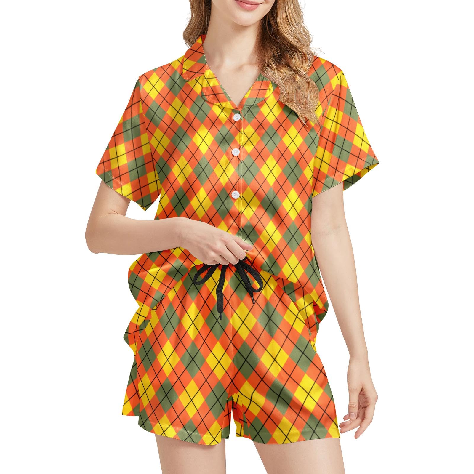 Funny Pajamas for Women Set Print Satin Loungewear Pjs Short Sleeve Button Down Top and Shorts Sets Sleepwear XS-3XL