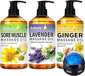 3 Pack Massage Oil for Massage Therapy,Sore Muscle Arnica Oil &amp; Lavender Oil Massage Oil for Date Night &amp; Ginger Oil Lymphatic Drainage &amp; Massage Ball-Christmas Gifts for Men Women Stocking Stuffers