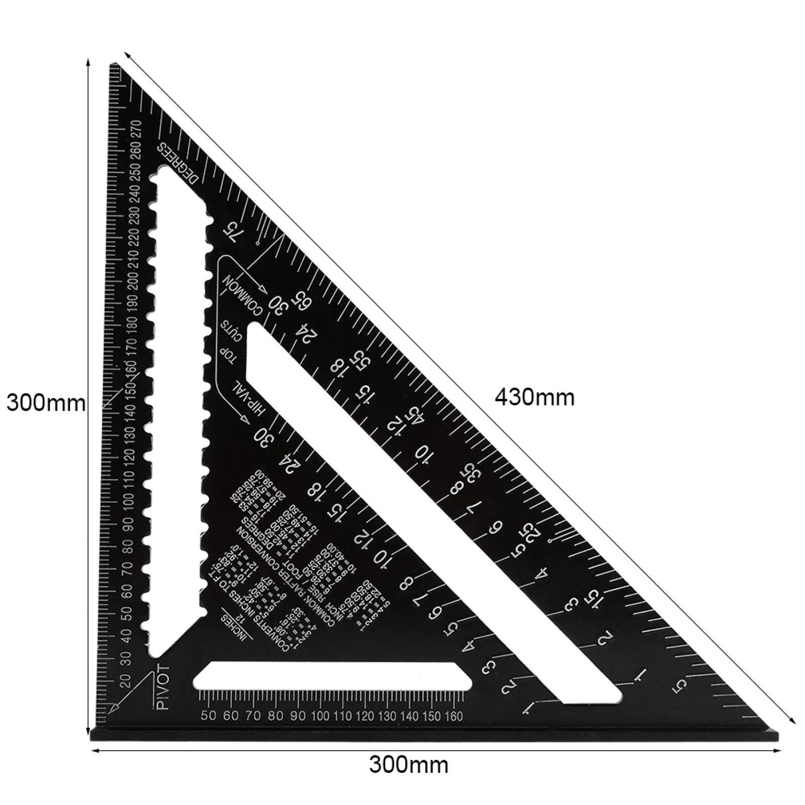 Aleación de aluminio de 12 pulgadas Forma de ángulo triangular Regla cuadrada Ingeniero de precisión Carpintero Medición de carpintería Herramienta de diseño de medición Transportador Trasmallo