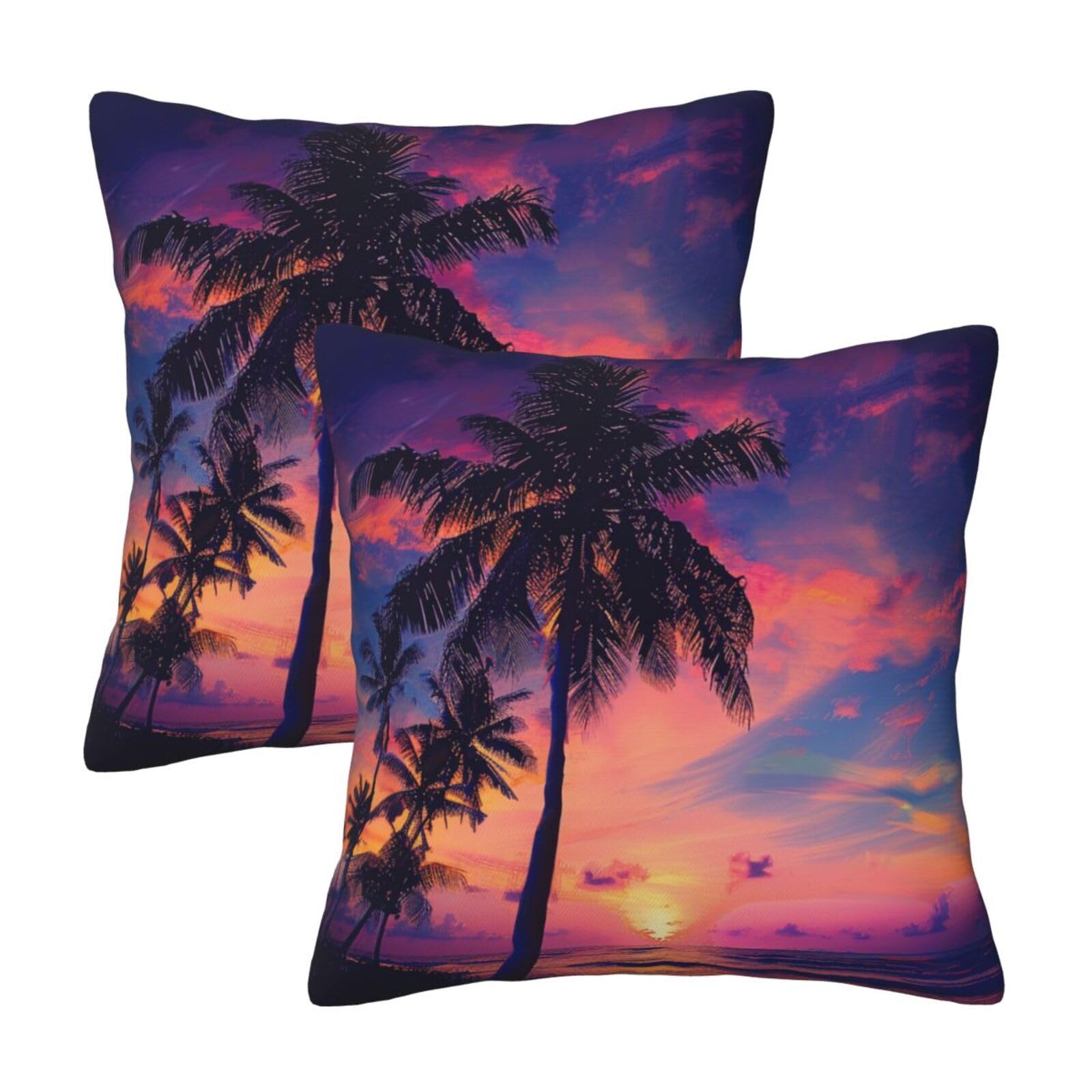 kkvhhyuo Palm Tree Sunset Print Pillow Covers Set of 2, Square Decorative Cushion Covers with Hidden Zipper, Throw Pillow Cases for Living Room Sofa Bed Chair, 45x45 cm