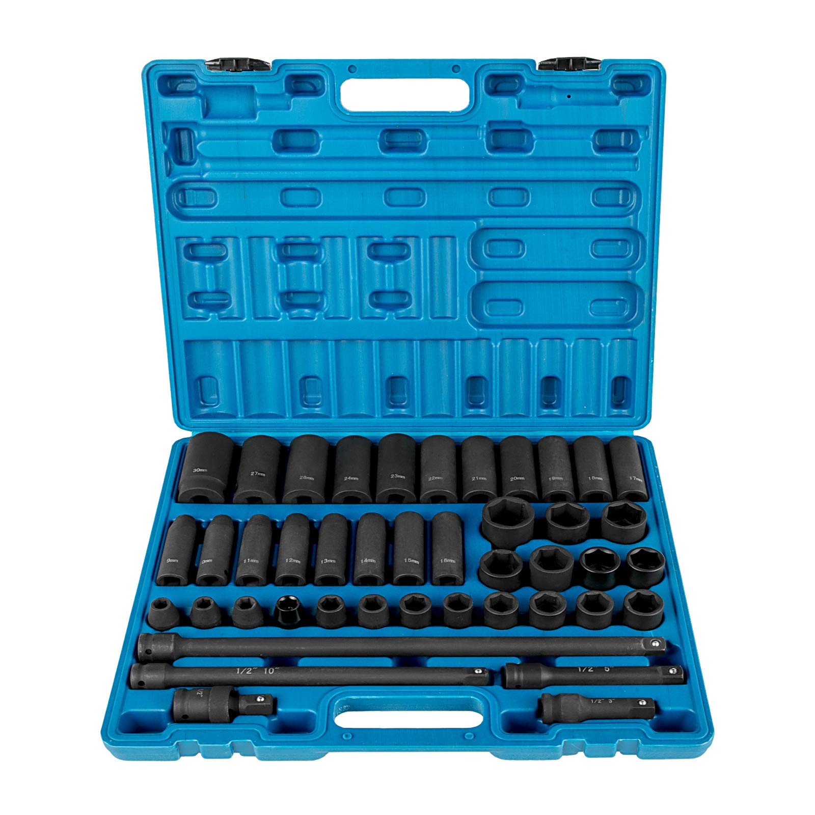 VEVOR Set di bussole a percussione 1/2 pollici Bussole a percussione da 43 pezzi, assortimento di bussole standard, Bussole a 6 punti metriche 9-30 mm (standard/profonda)