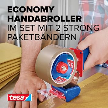 tesa parcel ribbon dispenser and tesapack parcel ribbons in a set - 2 x high-quality packing ribbon including 1 dispenser - transparent - 66 mx 50 mm