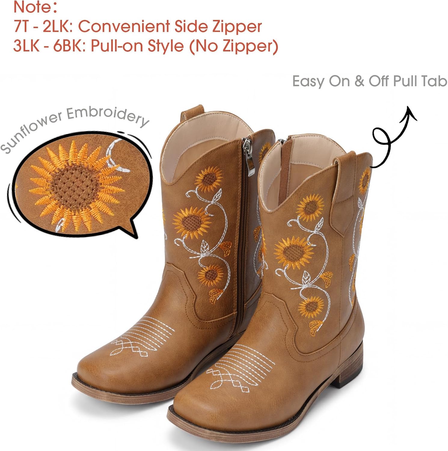 Girls Cowboy Boots with Floral Embroidery-Western Cowgirl Boots for Girls Toddler Little Big Kids, Square Toe Side Zipper Non-Slip Sunflower Shoes for Daily Birthday Wear
