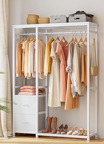 Miniatura 9 de Lulive Perchero de ropa resistente para colgar ropa, estantes de ropa industrial con estantes, 2 cajones de tela, 4 ganchos, 2 varillas para colgar,