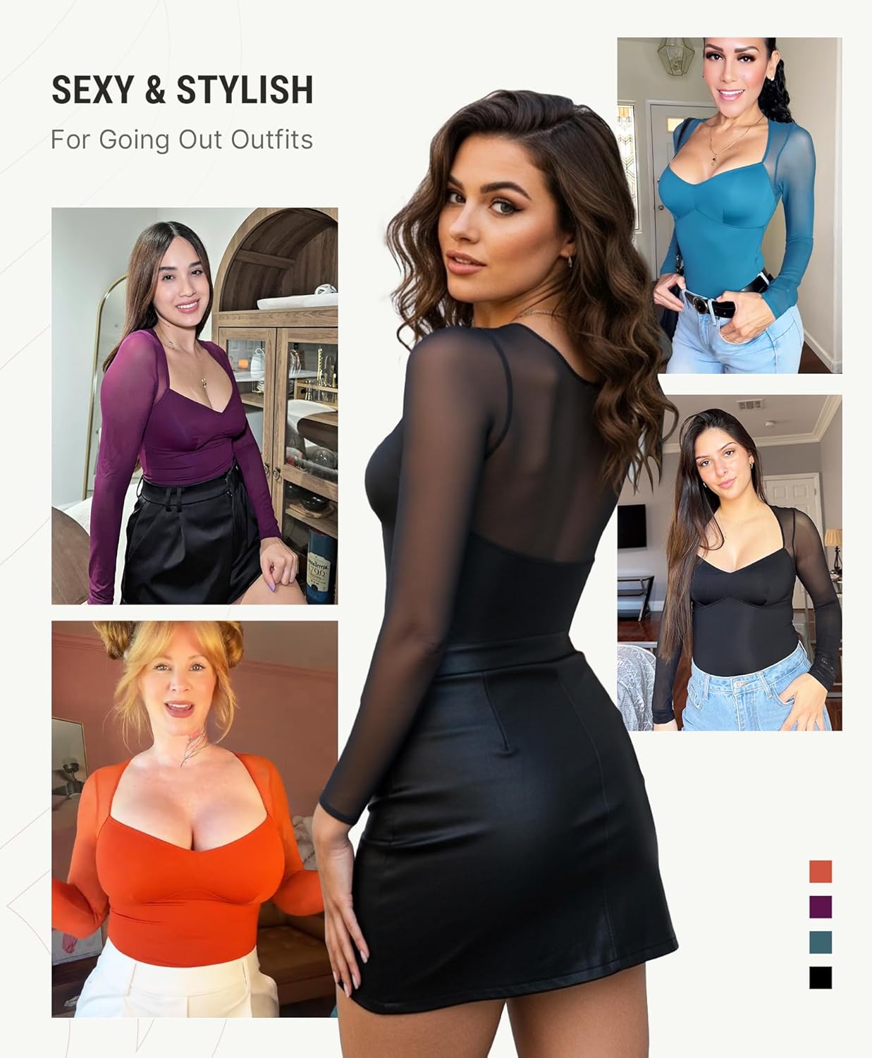 FeelinGirl Long Sleeve Bodysuit for Women Sexy Mesh V Neck Body Suits Thong Corset Top Going Out Outfits for Party
