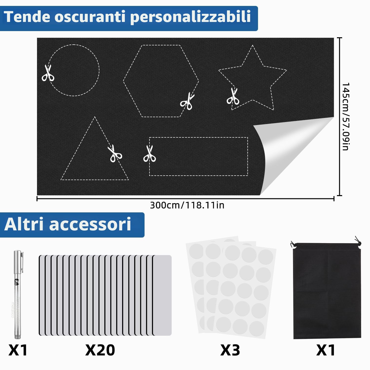 Tenda oscurante per interni, 300 x 145cm, 100% oscurante, tenda a rullo per interni, oscuranti finestre, tenda oscurante finestra, protezione solare, facile da installare, portatile per viaggio