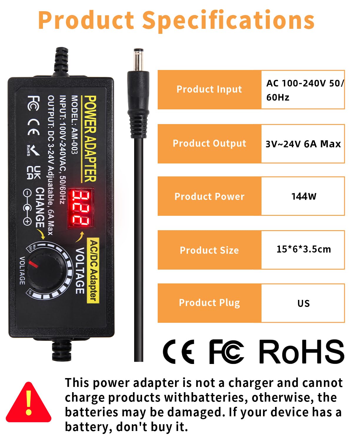 Fuente de alimentación ajustable de 3 ~ 24 V 6 A, adaptador de corriente universal de 144 W con enchufe de salida CC de 5,5 x 2,1 mm, convertidor de fuente de alimentación de CA a CC de 100-240 V