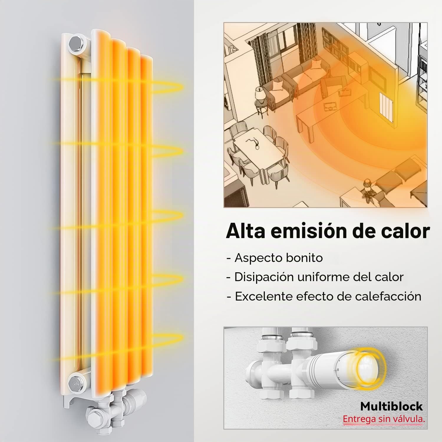 ELEGANT Radiador de panel de diseño tubular, 1800 x 354 mm, color blanco, doble capa, conexión central, tubo vertical