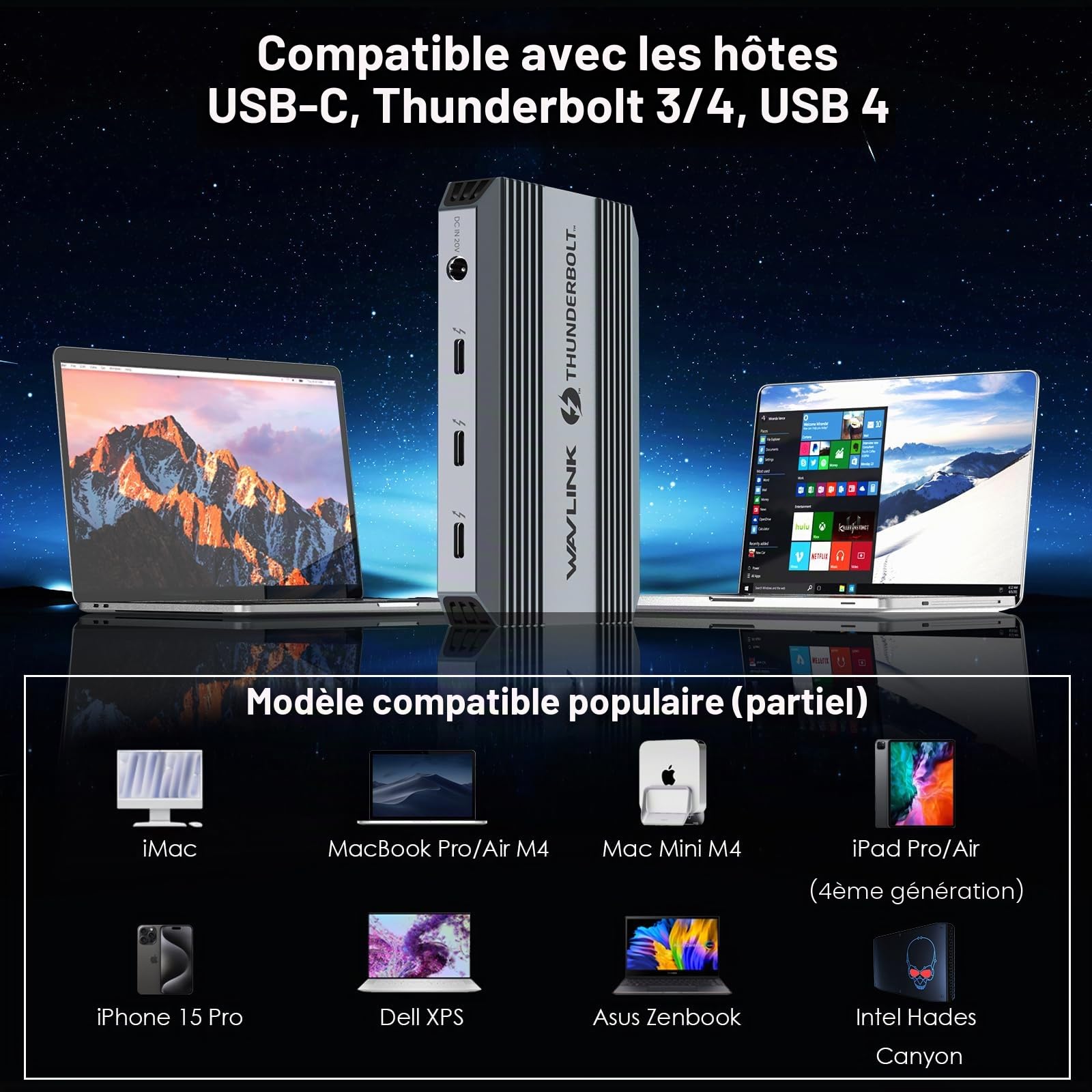 Station d'accueil Thunderbolt 4, WAVLINK USB C Hub avec Double Affichage 4K@60Hz, 100w Power Delivery, USB-A 3.2 Gen 2, pour MacBook Pro/Air M1 M2 M3, Ordinateur Portable Thunderbolt 4/3