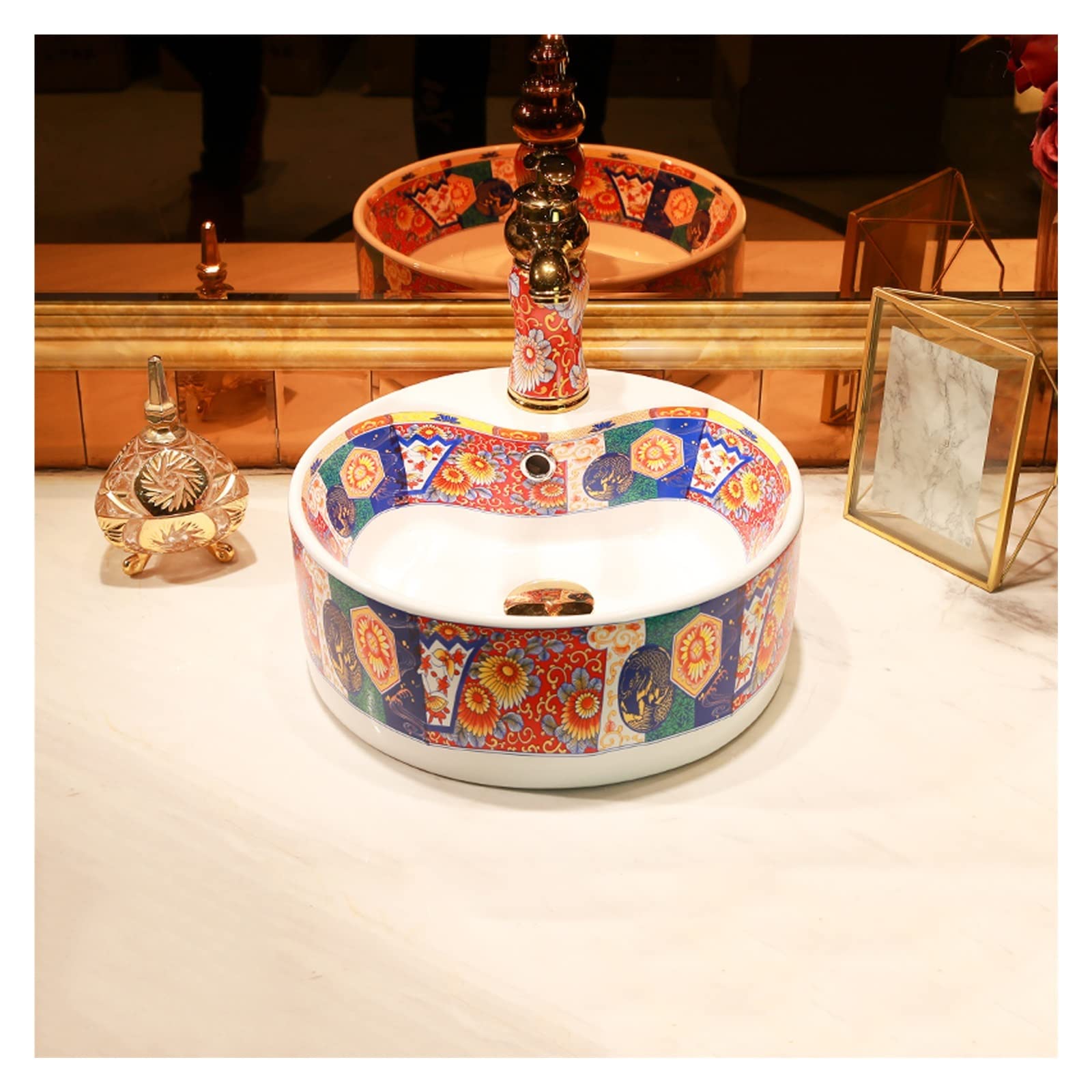 WDSOPK Round Vessel Sink, Creative Bathroom Artistic Ceramic Bowl with Faucet Pop-Up Drain, Fashion Above Counter Lavatory Vanity Art Basin