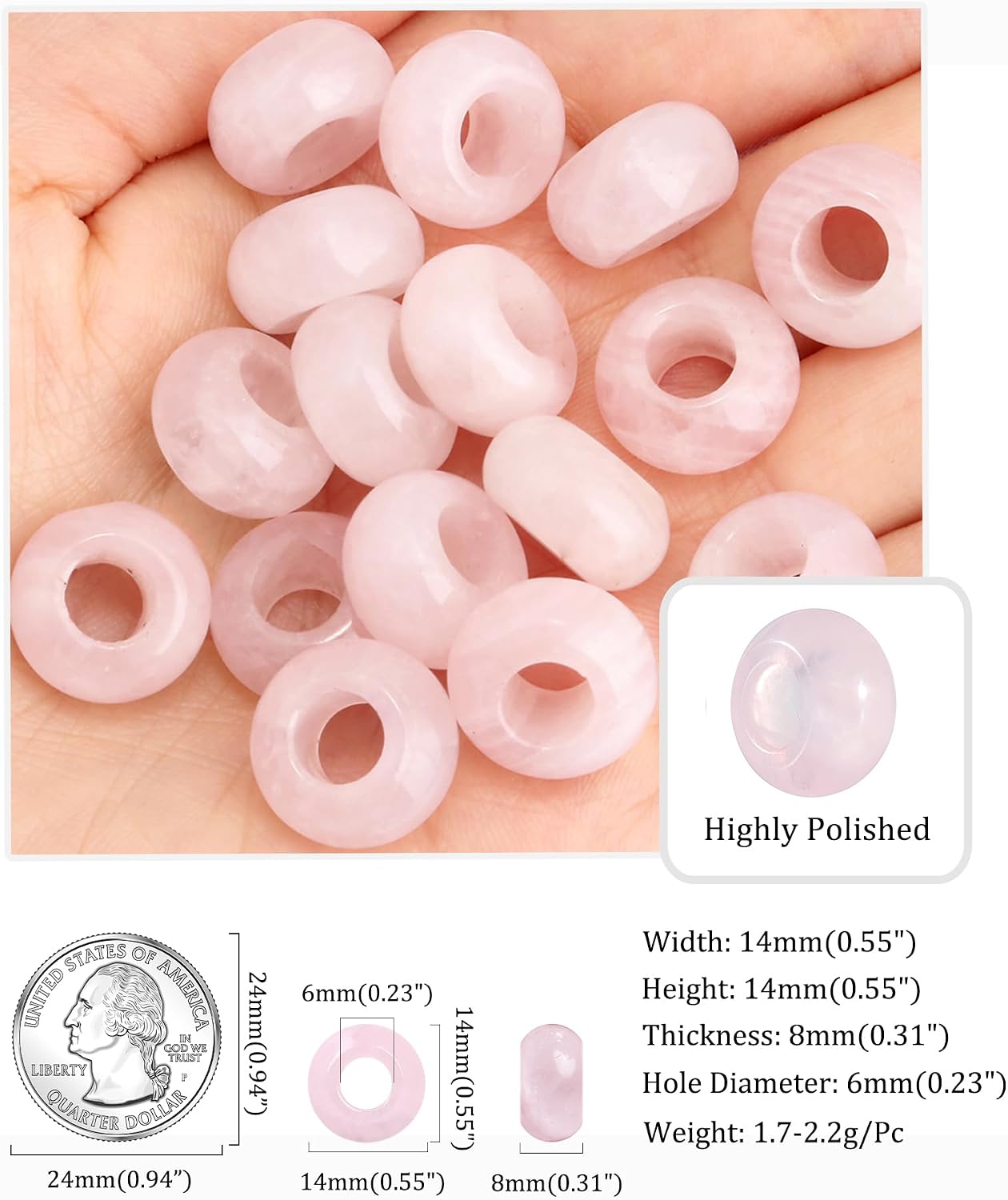 TUMBEELLUWA Natural Gemstone Beads for Jewelry Making, Rondelle Large Hole Loose Beads Pack of 15,Rose Quartz(8x14 mm) image 2