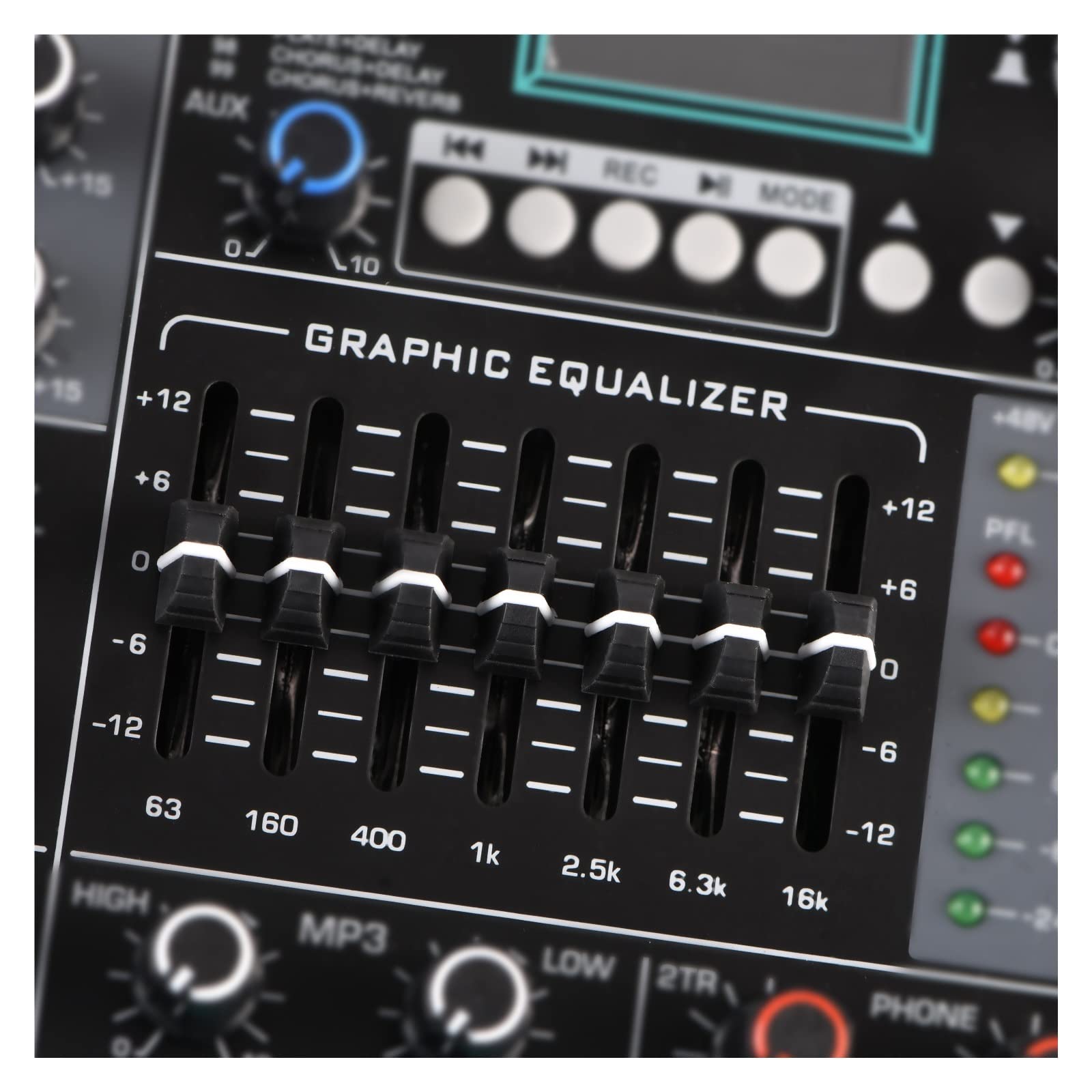 DJ-Audiomixer 6-Mono-Kanal-Mischpult, Monitor, Low Cut, 99 DSP-Effekt-PAD, Bluetooth-Audio-Sound-Mixer, 7-Band-EQ, USB-Aufnahme