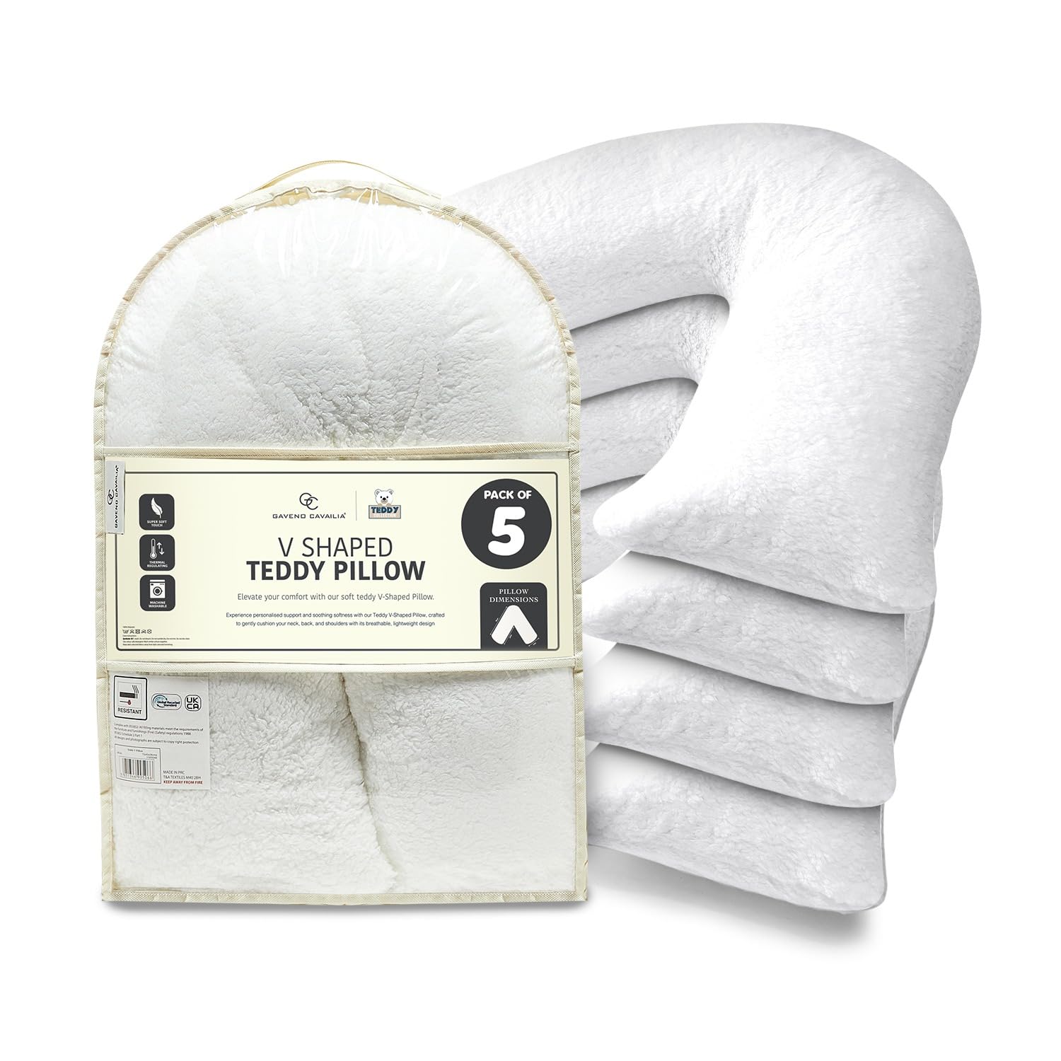 GC GAVENO CAVAILIA Teddy Fleece V Shaped Pillow with Removable Cover - Hollowfibre Filled Orthopedic Cushion - Neck and Back Support Pillows - Comfortable Pregnancy and Side Sleeper Pillow, 5 Pack