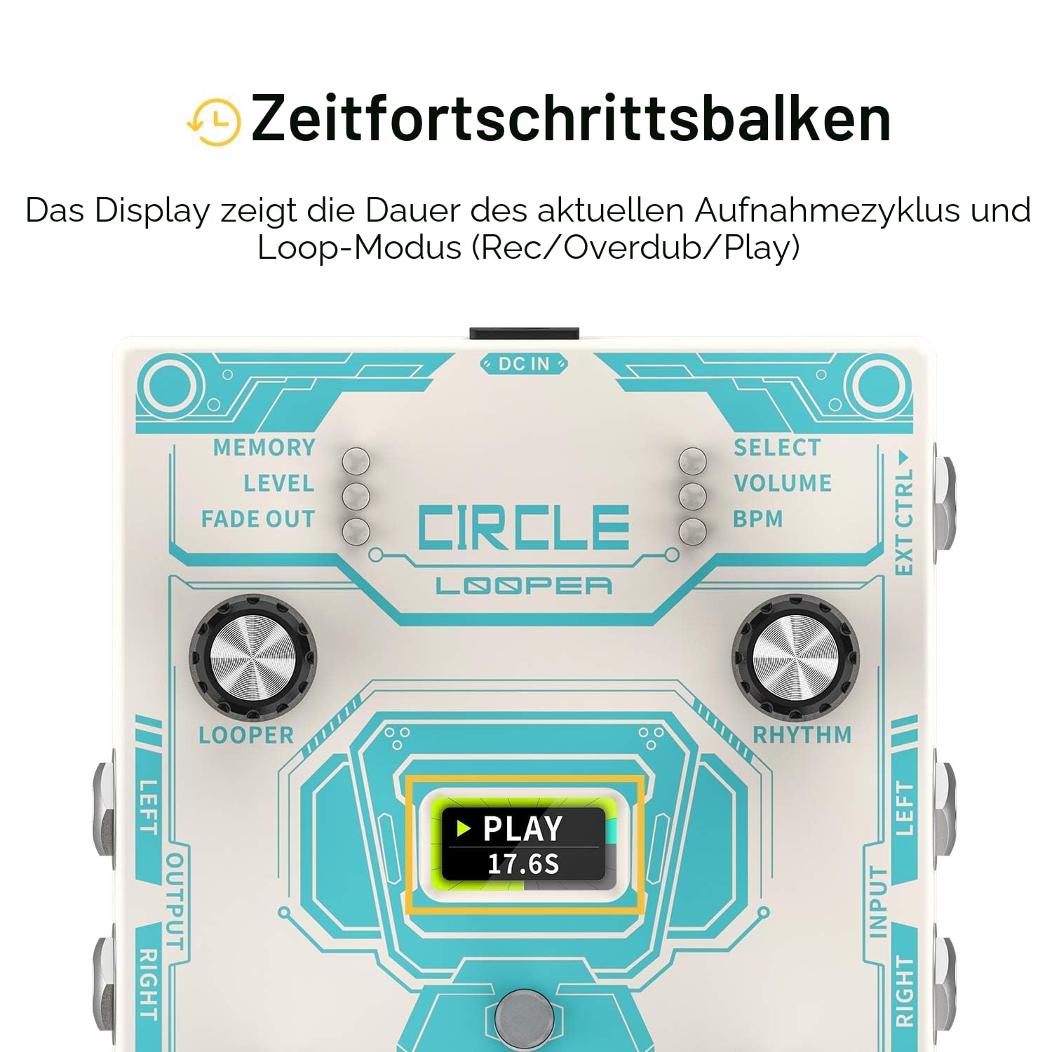 Donner Circle Looper Record Gitarren Effektpedal mit Time Progress Bar Display Loop Pedal Max. 4min Aufnahmezeit für jede Schleife, 160 Minuten Gesamtaufnahmekapazität, Unbegrenzt Overdubbing
