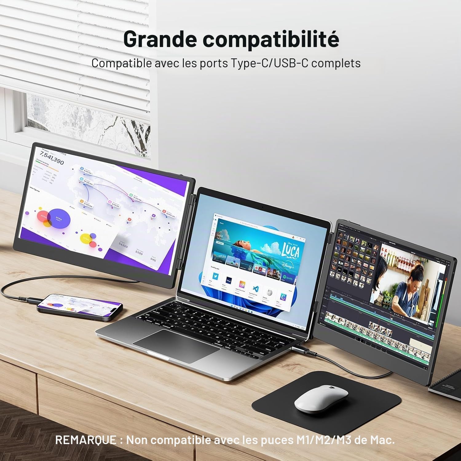 Extension d'écran pour Ordinateur Portable,14" 1080P Triple Moniteur Portable, Plug & Play Extension de Moniteur, pour Win/Dex/Android/Mac