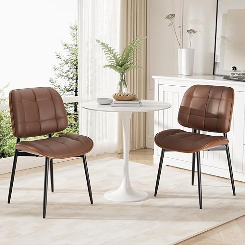 Miniatura 8 de Juego de 2 sillas de comedor, modernas de mediados de siglo, sillas de cocina tapizadas de piel sintética con cojín grueso y respaldo de madera