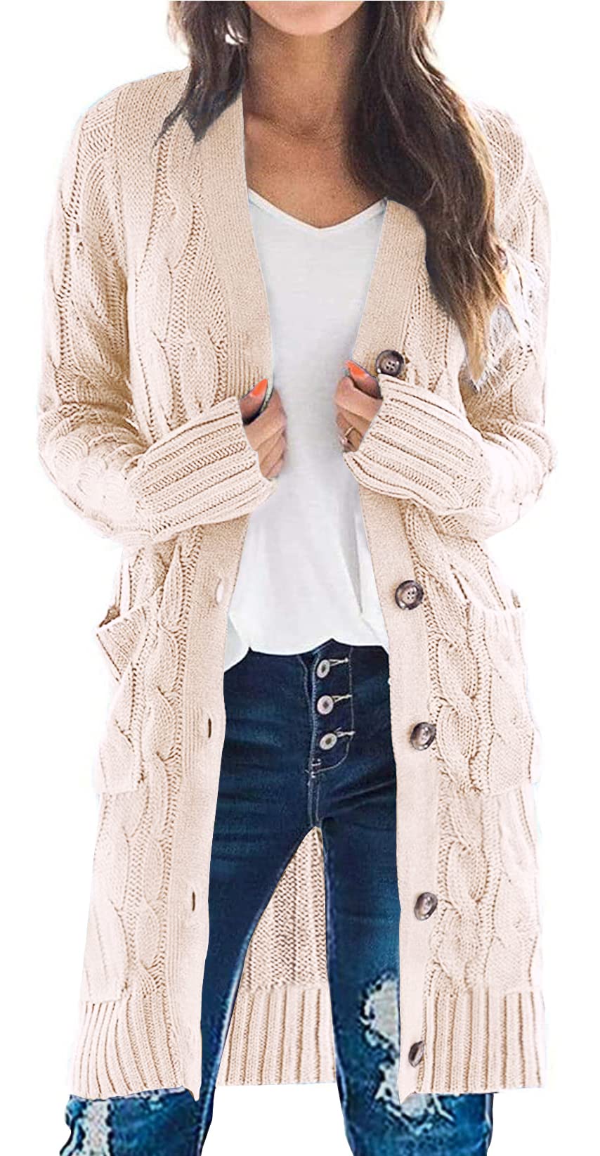 Long Sleeve Cable Knit Long Cardigan for Women 2025 Fall Winter Chunky Open Front Button Sweaters with Pockets